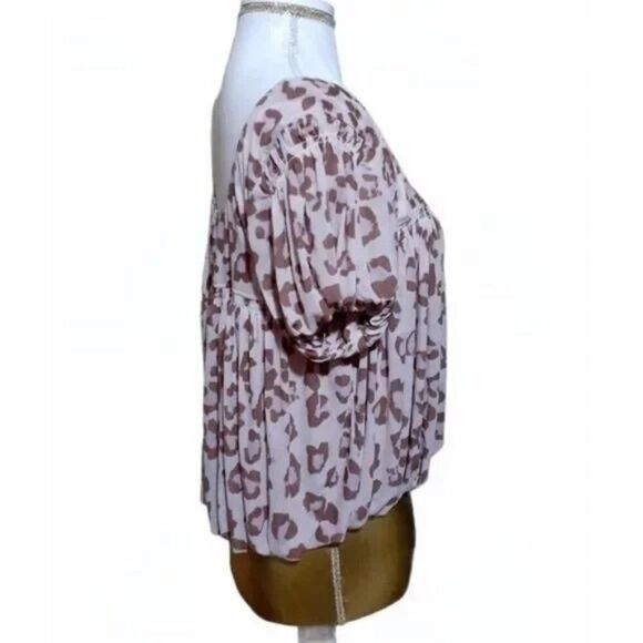 Free People Meg's Animal Print Cropped Mesh Top Pink Brown Short Sleeves Sz S - Picture 3 of 7